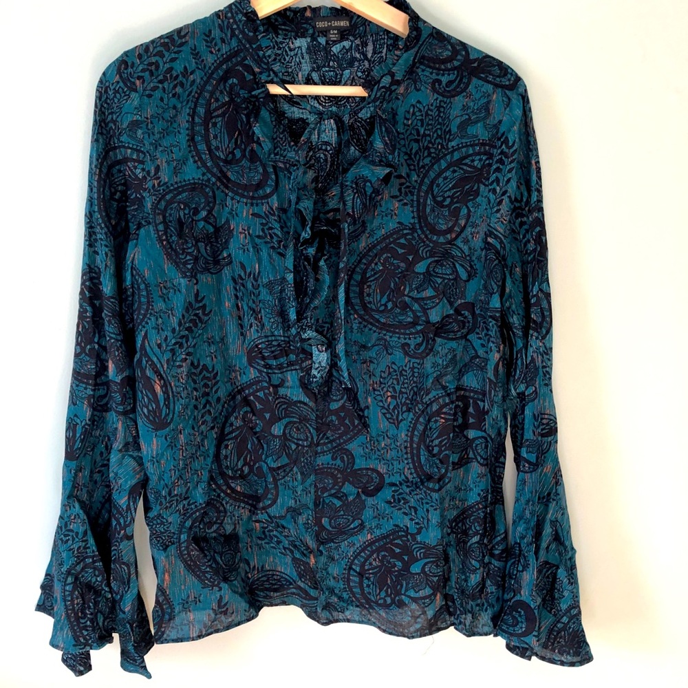 Coco + Carmen Teal Blue Paisley Bell Sleeve Blouse